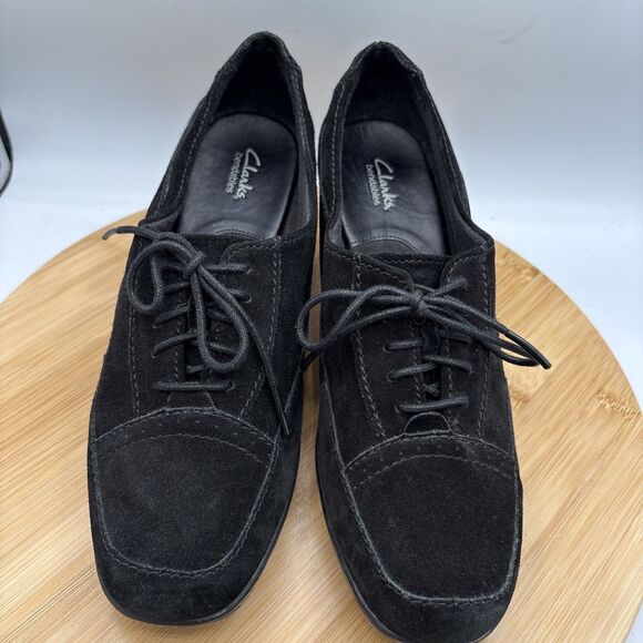 Clarks Bendables Honest Q Black Suede Oxford Pumps Lace Up Womens 8 W Wide Shoe - Picture 10 of 11